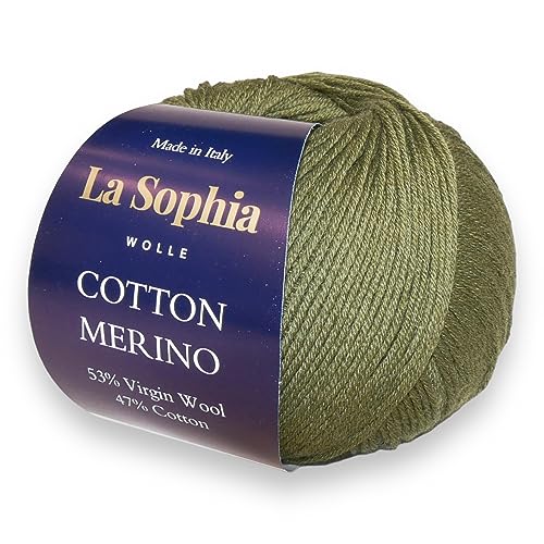 La Sophia Wolle I Merino Baumwolle Garne Wolle | 50g Wolle zum Stricken oder Häkeln | Farbe CM0012-Naturweiß (CM0018 Olivengrün) von La Sophia WOLLE