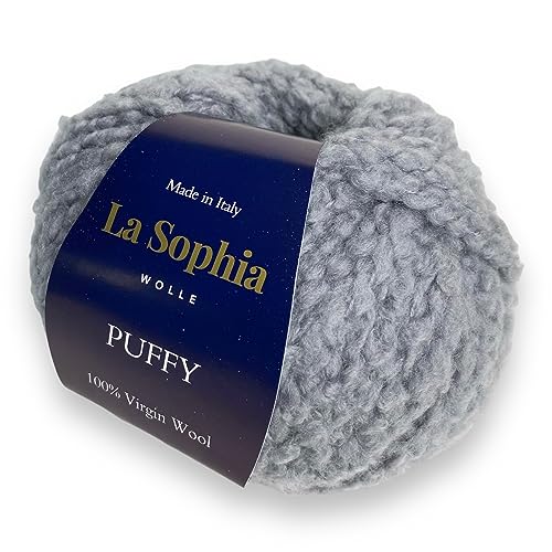 La Sophia Wolle |Puffy Bouclé Garn 100% Schurwolle| 50g Schurwolle zum Stricken oder Häkeln (PF2559 Grau) von La Sophia WOLLE