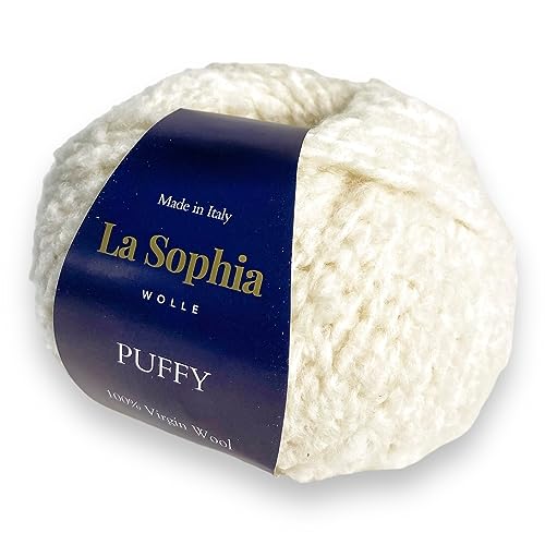 La Sophia Wolle |Puffy Bouclé Garn 100% Schurwolle| 50g Schurwolle zum Stricken oder Häkeln (PF2744 Weiß) von La Sophia WOLLE