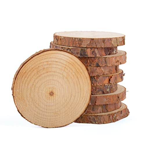 Holzscheiben (Kieferholz) rund Ø 8-12cm mit Rinde, Baumscheiben aus Kiefernholz, Naturholz unbehandelt mit Rinde, Holzscheiben für DIY Basteln, Holzdeko Hochzeit, Tischschilder, Untersetzer (5er-Pack) von La Wooderie