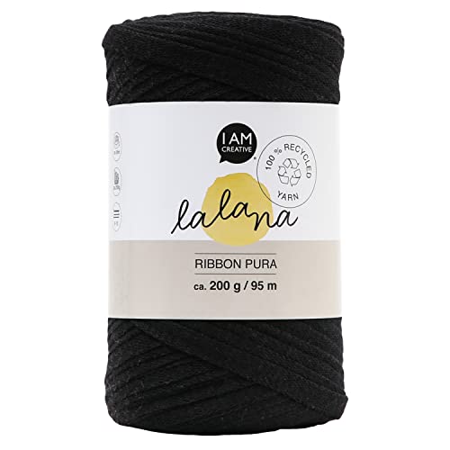 Lalana | Ribbon Pura black | Garn für kreative Projekte | Bandgarn | Ideal zum Häkeln & Stricken & Knüpfen | Makramee DIY | 100% recycled | Schwarz | ca. 8 mm | 95 m | 200 g von LaLaNa