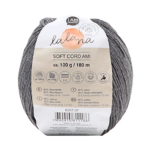 Lalana | Soft Cord Ami dark grey | Standard Garn | Garn für kreative Projekte | Häkeln & Stricken & Knüpfen | 100% recycled | Dunkelgrau | 1.5 mm | 180 m | 100 g von LaLaNa