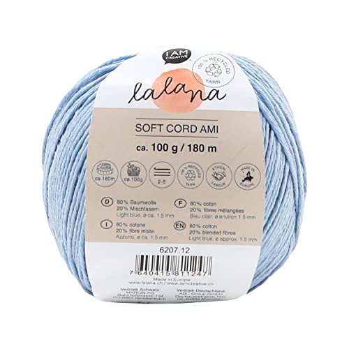 Lalana | Soft Cord Ami light blue | Standard Garn | Garn für kreative Projekte | Häkeln & Stricken & Knüpfen | 100% recycled | Hellblau | 1.5 mm | 180 m | 100 g von LaLaNa