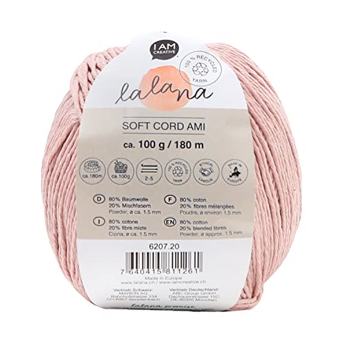 Lalana | Soft Cord Ami powder | Standard Garn | Garn für kreative Projekte | Häkeln & Stricken & Knüpfen | 100% recycled | Rosa | 1.5 mm | 180 m | 100 g von LaLaNa