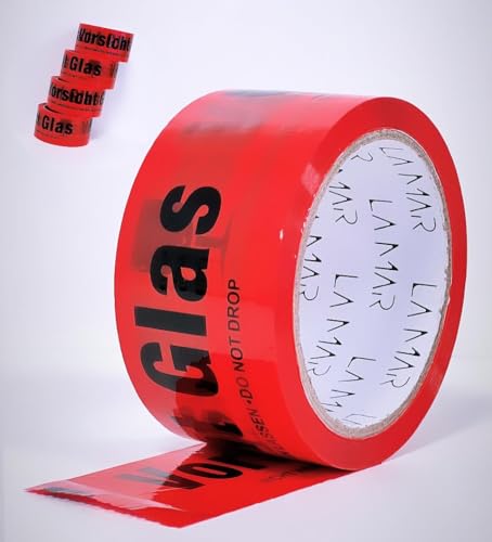 LaMar® 12 Rollen- Paketklebeband - VORSICHT GLAS BAND - Klebeband - Verpackungsband - Packband - Kartonband - Verpackungsmatrial - Rot | 60m (12) von LaMar