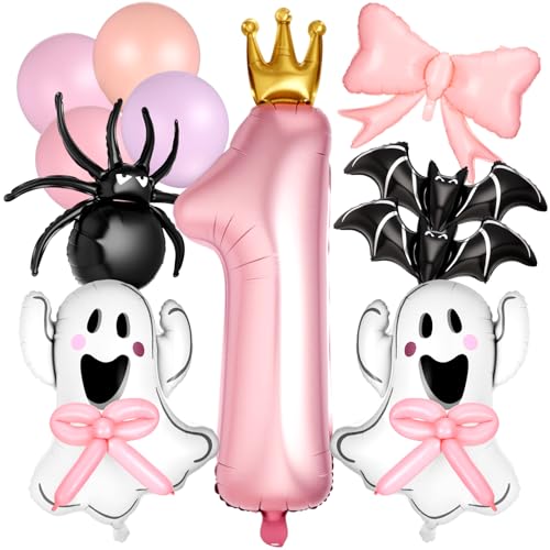 LaRandom 12 Stück gruselige Geburtstags-Luftballons, Dekorationen, Halloween, 1. Geburtstag, gruseliger Geist, schwarze Spinne, Fledermaus-Luftballons für Halloween, Rosa, Lila, Party-Dekoration von LaRandom