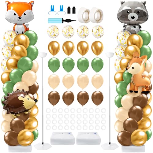 LaRandom 2 Sets Waldtiere Babyparty Ballon Säule Ständer Kit Salbeigrün und Braun Ballonbogen Girlande Kit für Geburtstagsfeier Neutral Wald Geschlecht Enthüllung Cartoon Babyparty Dekoration von LaRandom