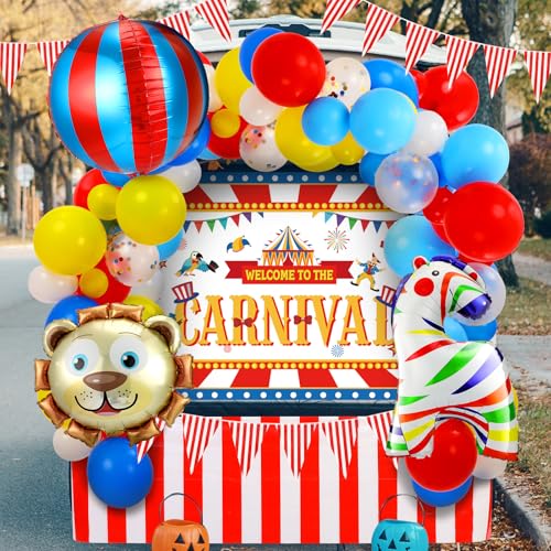 LaRandom 69 Stück Halloween Zirkus Karneval Thema Kofferraum oder Leckerli Dekorationen Auto Torbogen Garage Dekoration mit Hintergrund Karneval Ballon Tischdecke Flaggen für Halloween Auto und LKW von LaRandom