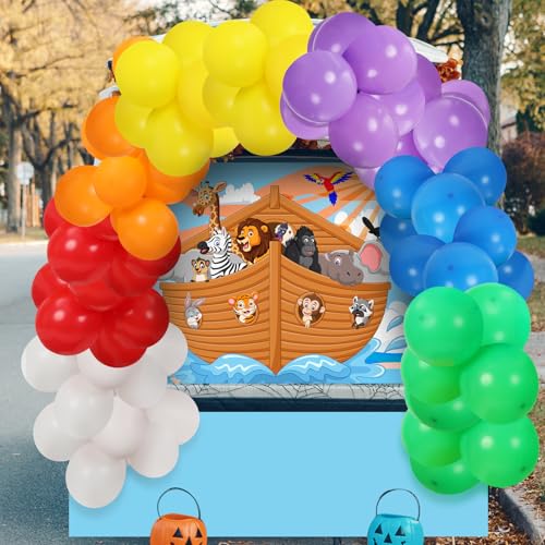 LaRandom Halloween-Dekoration Arche Noah, Kofferraum- oder Leckerei-Dekorationen, religiöse Auto-Torbogen, Garage, Dekoration mit Hintergrund, Regenbogenballons, Himmelblau, Tischdecke für Halloween von LaRandom