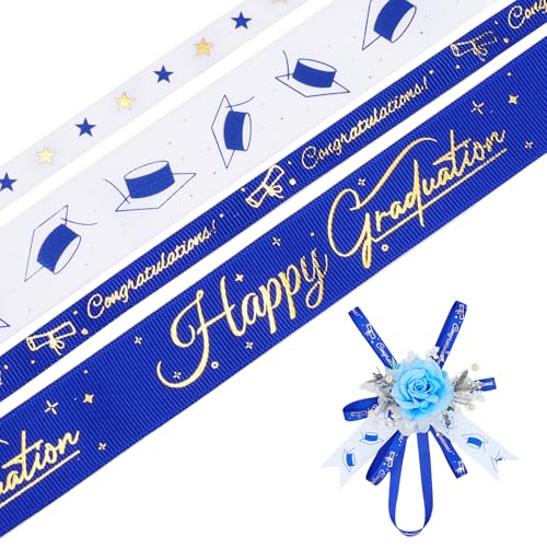 LaRibbons Abschlussband, 2,5 cm und 0,95 cm x 4,5 m, 4 Rollen, Blau und Weißgold, Satin-Ripsband für Geschenkverpackungen, Abschlussfeier, Lei Making von LaRibbons
