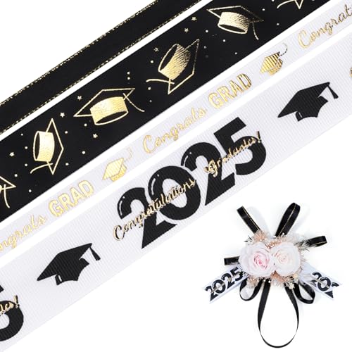 LaRibbons Abschlussband, 2,5 cm und 0,95 cm x 4,5 m, 4 Rollen, Schwarz und Weißgold, Satin-Ripsband für Geschenkverpackungen, Abschlussfeier, Lei Making von LaRibbons
