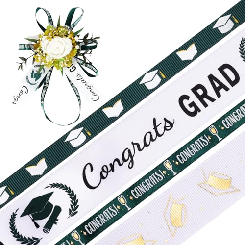 LaRibbons Abschlussband, 2,5 cm und 0,95 cm x 4,5 m, 4 Rollen, grünes und weißgold, Satin-Ripsband für Geschenkverpackungen, Klasse 2025, Abschlussfeier, Lei Making LaRibbons Abschlussband, 2,5 cm und 0,95 cm x 4,5 m, 4 Rollen, grünes und weißgold, Satin-Ripsband für Geschenkverpackungen, Klasse 2025, Abschlussfeier, Lei Making von LaRibbons