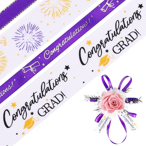 LaRibbons Abschlussband, 2,5 cm und 0,95 cm x 4,5 m, 4 Rollen, lila und weißgold, Satin-Ripsband für Geschenkverpackungen, Abschlussfeier, Lei-Bastelherstellung von LaRibbons