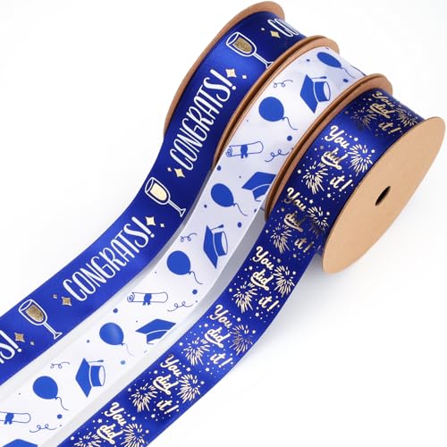 LaRibbons Abschlussband, 2,5 cm x 9,1 m, 3 Rollen, Blau und Weißgold, Congrats Grad, Satinband für Geschenkverpackung, Klasse 2025, Abschlussfeier, Party, Dekorationen, Bastelarbeiten, Lei Making LaRibbons Abschlussband, 2,5 cm x 9,1 m, 3 Rollen, Blau und Weißgold, Congrats Grad, Satinband für Geschenkverpackung, Klasse 2025, Abschlussfeier, Party, Dekorationen, Bastelarbeiten, Lei Making von LaRibbons