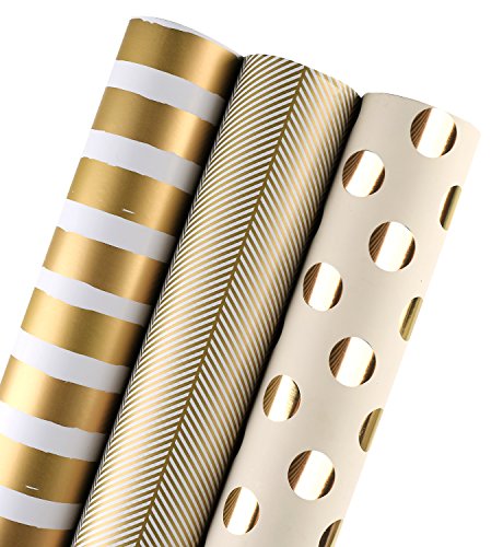 LaRibbons Gold Punkte/Gold Streifen Geschenkpapier Set - 3 Rollen, 76 x 305 cm Pro Rolle von LaRibbons