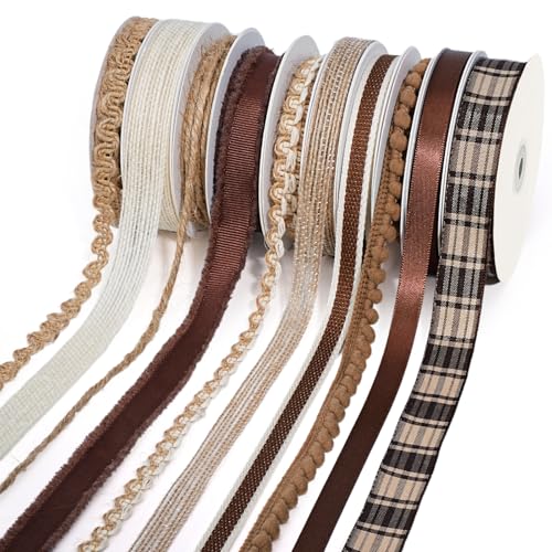 LaRibbons Naturbraune Bänder zum Basteln, 10 Rollen, 45 m, TTL, dünnes Band zum Nähen, Geschenkverpacken, Heimdekoration, (0,95 cm + 1,6 cm + 2,5 cm) von LaRibbons