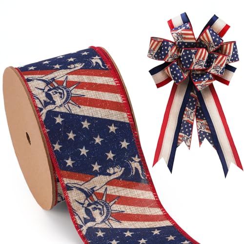 LaRibbons Patriotisches Band mit Draht, Freiheitsstatue zum 4. Juli, 6,3 cm x 12 m, für Schleife, Kranz von LaRibbons