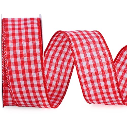 LaRibbons Rotes Gingham-Band mit Draht, 3,8 cm x 9,1 m, kariert, für Geschenkverpackungen, Weihnachtsbaum, Kranz, Schleife, Outdoor-Dekoration von LaRibbons