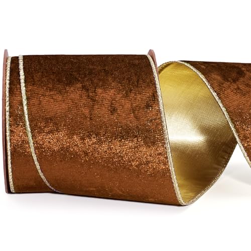 LaRibbons Samtband mit Draht, 10,2 cm x 9,1 m, Mokka-Mousse und Gold für Weihnachtsbaum, Geschenkverpackung, Kranzschleife, Outdoor-Dekoration LaRibbons Samtband mit Draht, 10,2 cm x 9,1 m, Mokka-Mousse und Gold für Weihnachtsbaum, Geschenkverpackung, Kranzschleife, Outdoor-Dekoration von LaRibbons