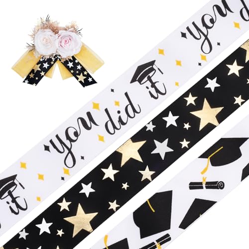 LaRibbons Satinband zum Schulabschluss, 2,5 cm x 9,1 m, 3 Rollen, Schwarz und Weißgold, Congrats Grad, Satinband für Geschenkverpackung, Klasse 2025, Abschlussfeier, Party, Dekorationen LaRibbons Satinband zum Schulabschluss, 2,5 cm x 9,1 m, 3 Rollen, Schwarz und Weißgold, Congrats Grad, Satinband für Geschenkverpackung, Klasse 2025, Abschlussfeier, Party, Dekorationen von LaRibbons