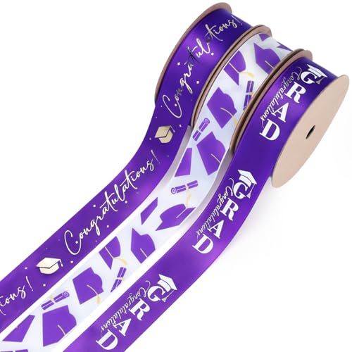 LaRibbons Satinband zum Schulabschluss, 2,5 cm x 9,1 m, 3 Rollen, lila und weißgold, Congrats Grad, Satinband für Geschenkverpackung, Klasse 2025, Abschlussfeier, Party, Dekorationen, Bastelarbeiten LaRibbons Satinband zum Schulabschluss, 2,5 cm x 9,1 m, 3 Rollen, lila und weißgold, Congrats Grad, Satinband für Geschenkverpackung, Klasse 2025, Abschlussfeier, Party, Dekorationen, Bastelarbeiten von LaRibbons