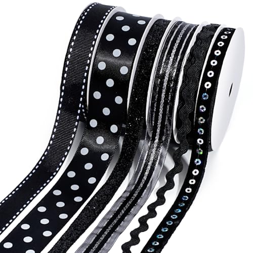 LaRibbons Schwarzes Band zum Basteln, 6 Rollen, 27,7 m, TTL, dünnes Band zum Nähen, Geschenkverpacken, Heimdekoration, (0,95 cm + 1,6 cm + 2,5 cm) von LaRibbons