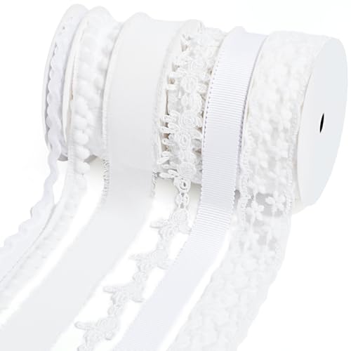 LaRibbons Weißes Band zum Basteln, 6 Rollen, 27,7 m, TTL, dünnes Band zum Nähen, für Hochzeiten, Geschenkverpackungen, Heimdekoration, (0,95 cm + 1,6 cm + 2,5 cm) von LaRibbons