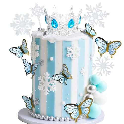 LaVenty Blaue Schneeflocken Kugeln Kuchen Toppers Forzen Prinzessin Kuchen Dekoration Tiara Krone Geburtstag Dekoration für Geburtstag Böhmische Party Supplies von LaVenty