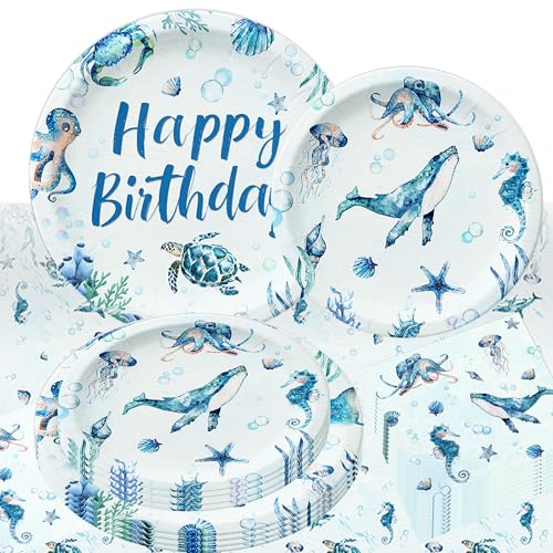 LaVenty Blue Ocean Teller und Servietten unter dem Meer Dekorationen Meerestier Unterwasser Strand Sommer Geburtstag Party Supplies von LaVenty