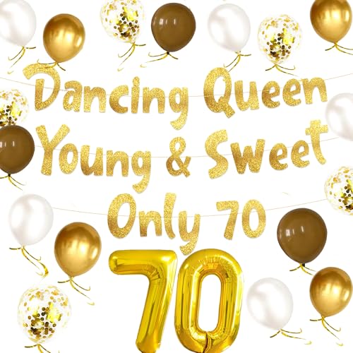 LaVenty Dancing Queen Young & Sweet Only 70 Gold Glitter Banner 70 Geburtstag Party Dekorationen Gold 70 Geburtstag Dekorationen von LaVenty