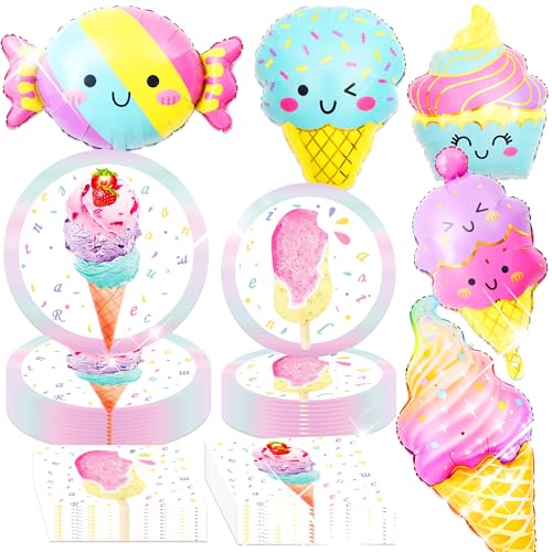LaVenty Eiscreme Teller Servietten Tassen Eiscreme Eis am Stiel Thema Partyzubehör für Mädchen Geburtstag Geschirr Geschirr Dessert Platten Luncheon Servietten Ballon von LaVenty