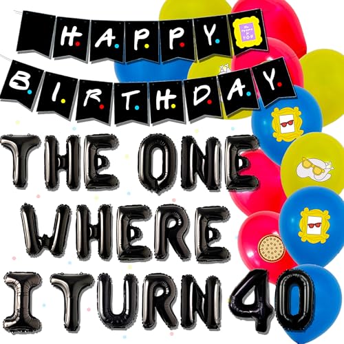 LaVenty Freunde Thema Geburtstag Dekoration Fuuny 40th Geburtstag Dekoration Ballons (Schwarz, 16 Zoll The One Where I Turn 40 letter, Happy Birthday Banner, 12 Ballons) von LaVenty