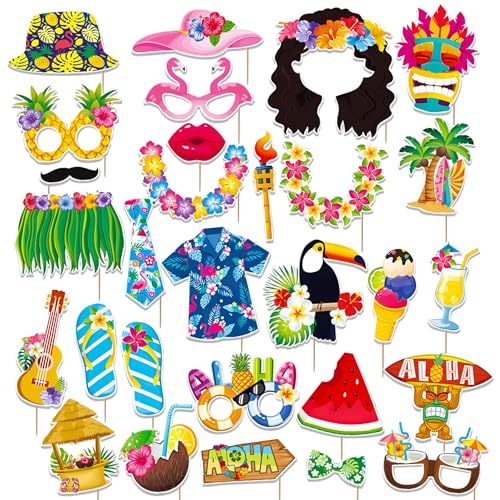 LaVenty Hawaiian Party Photo Booth Props Hawaiian Photo Booth Props Summer Luau Photo Booth Props for Hawaiian Tropical Tiki Summer Pool Party Supplies von LaVenty