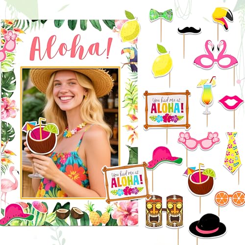 LaVenty Hawaiian Party Photo Booth Props Hawaiian Photo Booth Props Summer Luau Photo Booth Props for Hawaiian Tropical Tiki Summer Pool Party Supplies von LaVenty