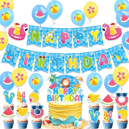 LaVenty Pool Party Deko Banner Sommer Pool Party Banner Deko Hawaii Dekoration Ballon Muffin Kuchen Deko für Poolparty Sommerparty Beach von LaVenty