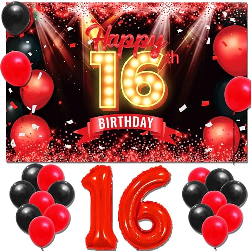 LaVenty 16.Geburtstagsdeko Schwarz Rot 16 Geburtstag Partydekoration Happy Birthday Banner Geburtstag für Mädchen Junge Frauen Rötlich Schwarz Level von LaVenty