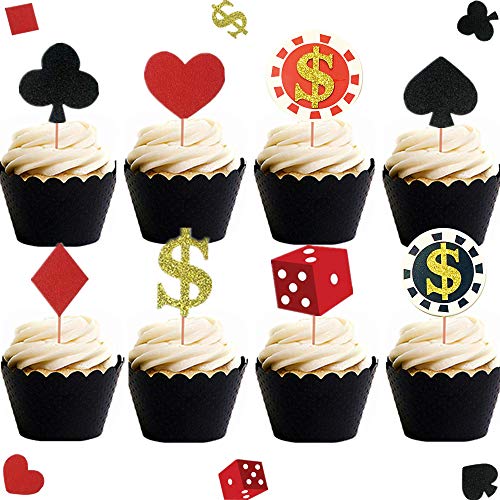 LaVenty Set mit 32 Casino Cupcake Aufsätzen Poker CupcakeTopper zum Geburtstag Kuchen Toppers Casino Poker Würfel Kuchen Dekoration Set schwarz rot Glitter Casino Chips Herz Cupcake Toppers von LaVenty