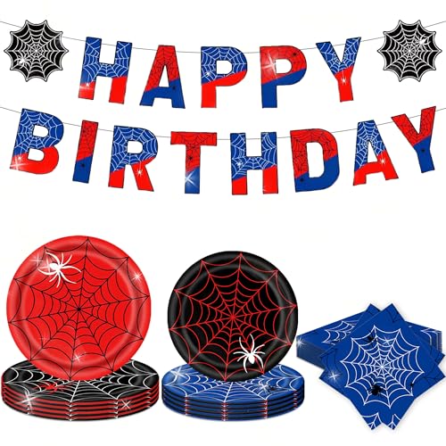 LaVenty Spider-Geburtstagsgeschirr, Superhelden-Spinnen-Party, Geschirr, Pappteller, Servietten, Partyzubehör für Jungen, Kinder, Geburtstagsgeschenke von LaVenty