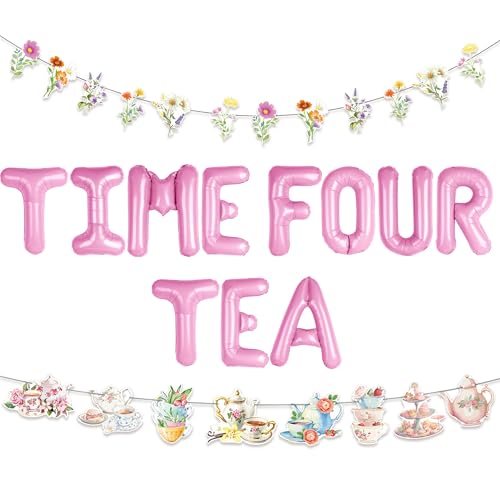 LaVenty Time Four Tea Party Dekoration für Mädchen Tee Geburtstag Banner Girlande Teekanne 4 Geburtstag Dekoration Nummer 4 Folienballon für Tee Party Supplies von LaVenty
