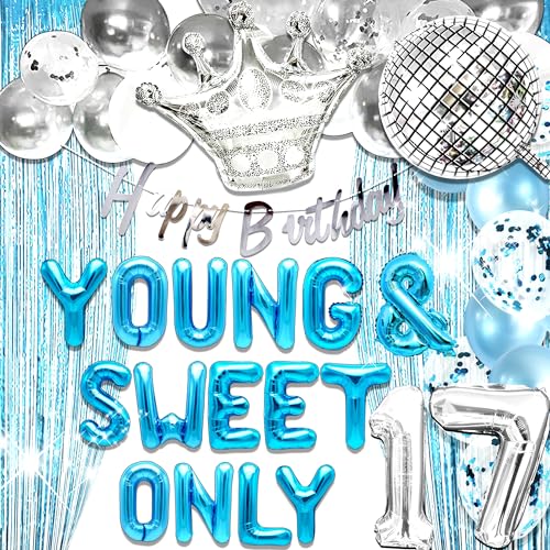 LaVenty Silber Blau Young and sweet only 17 Balloons Happy Birthday Banner (Silber Blau) von LaVenty