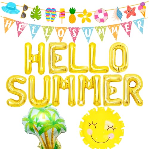 Sommer Party Dekorationen Sommer Strand Pool Thema Banner Hello Summer Folienballons für Hawaii Beach Party Baby Shower Sommer Pool Geburtstag Party Supplies von LaVenty