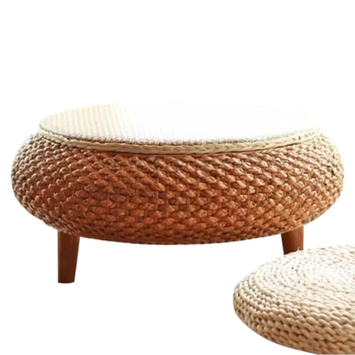 Beistelltisch Handgefertigter, runder, gelber Beistelltisch aus Webstoff – gemütlicher Couchtisch mit Stauraum für Balkon und Wohnzimmer, 58 x 58 x 25 cm, stilvoller Teetisch als Heimdekoration von LaYiQimn