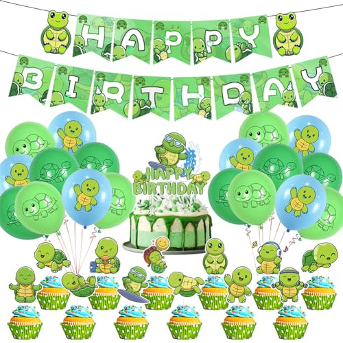 32-teiliges Schildkröten-Dekorationsset, Schildkröten-Geburtstagsparty-Dekoration, geeignet für Kinder-Partys, geeignet für Schildkrötenliebhaber, Luftballons, Zugflaggen von LabDip