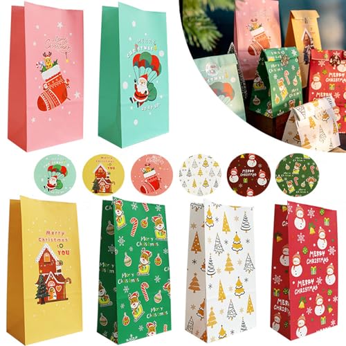 Geschenktüten Weihnachten, 12 Stück Papiertüten Weihnachten mit Stickern, Bunte Geschenkbeutel Klein Papier Tüten … von Labbe