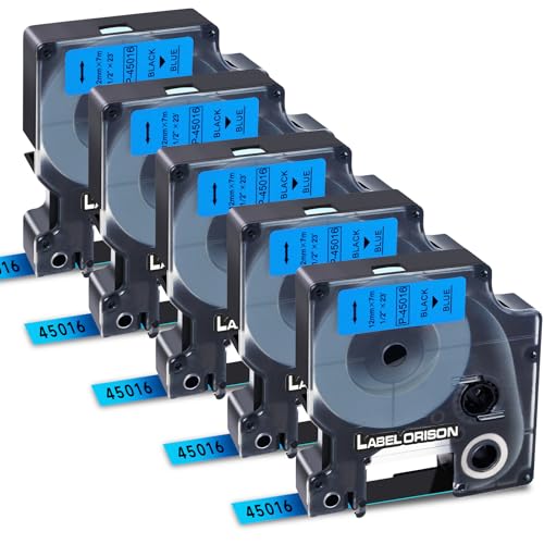 5x Label Orison Etikettenband 45016 S0720560 Schwarz auf Blau 12mm 7m Kompatibel Schriftband als Ersatz für Dymo Labelpoint 250 150 LabelWriter 450 DUO Turbo LabelManager 160 220P 280 360D 420P 500TS von Label Orison