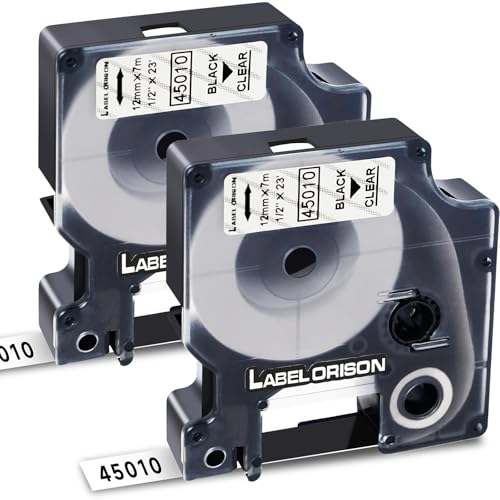 Label Orison kompatible Etikettenband als Ersatz für Dymo 45010 S0720500 Schwarz auf Transparent 12mm 7m Schriftbänder für Dymo LabelManager 120P 150 160 220P 260 260P 280 350D 360D 400 420P 450, 2x von Label Orison