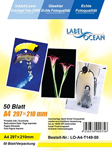 50 Blatt A4 Overheadfolie (OHP Transparentfolie Transparentpapier) für Inkjetdrucker Laserdrucker Tintenstrahldrucker Kopierer von LabelOcean (R)