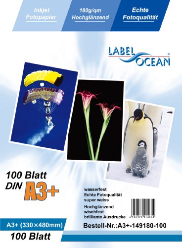 LabelOcean Premium Fotopapier 100 Blatt A3+ (330x480mm) 180g/qm Highglossy hochglänzend wasserfest von LabelOcean (R)