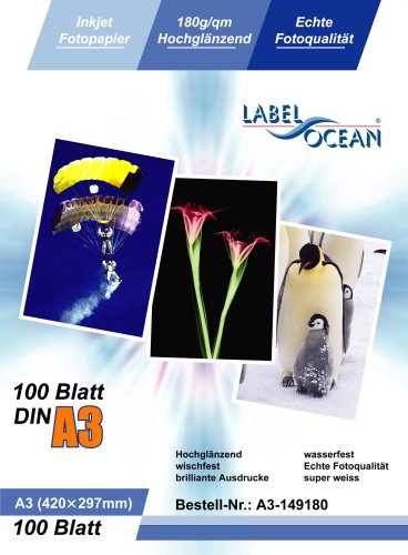 LabelOcean Premium Fotopapier 100 Blatt A3 180g/qm Highglossy hochglänzend wasserfest von LabelOcean (R)