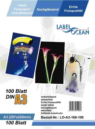 LabelOcean Premium Fotopapier selbstklebend 100 Blatt A3 Highglossy hochglänzend wasserfest von LabelOcean (R)